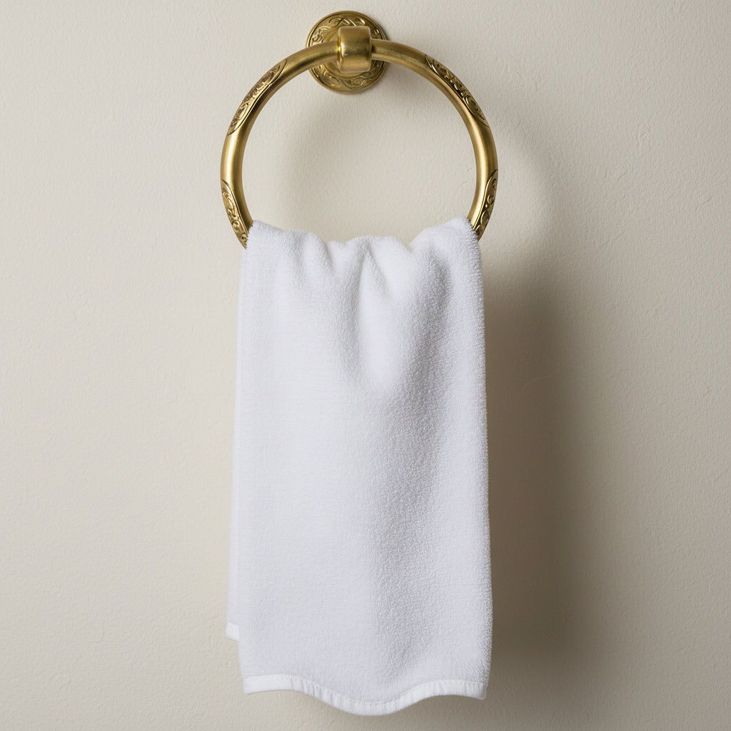 White scalloped edge towel hanging on a gold towel ring against a pink wallpapered wall with white floral patterns.