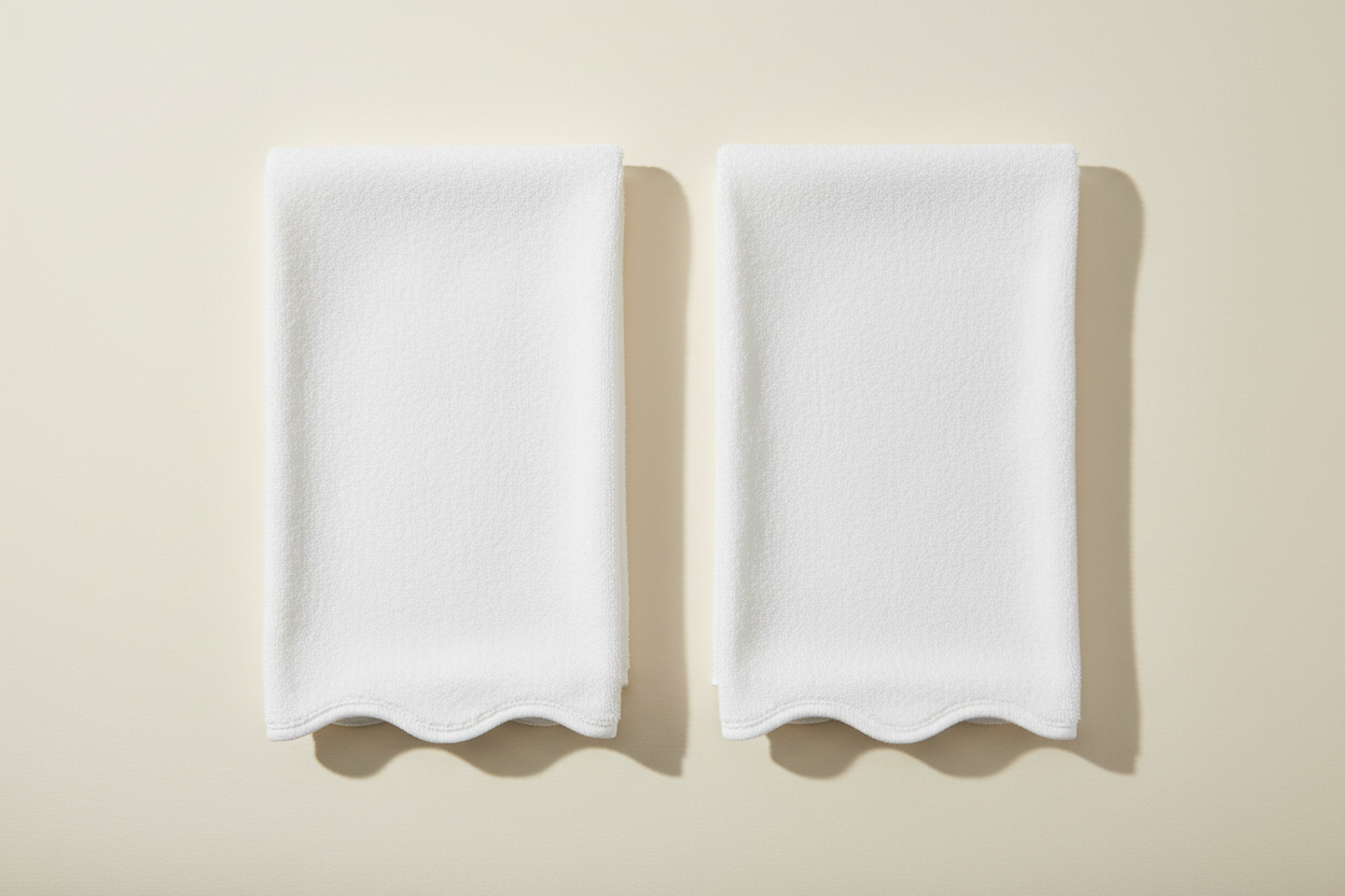 White scalloped-edge towels on a decorative fabric on a warm white background