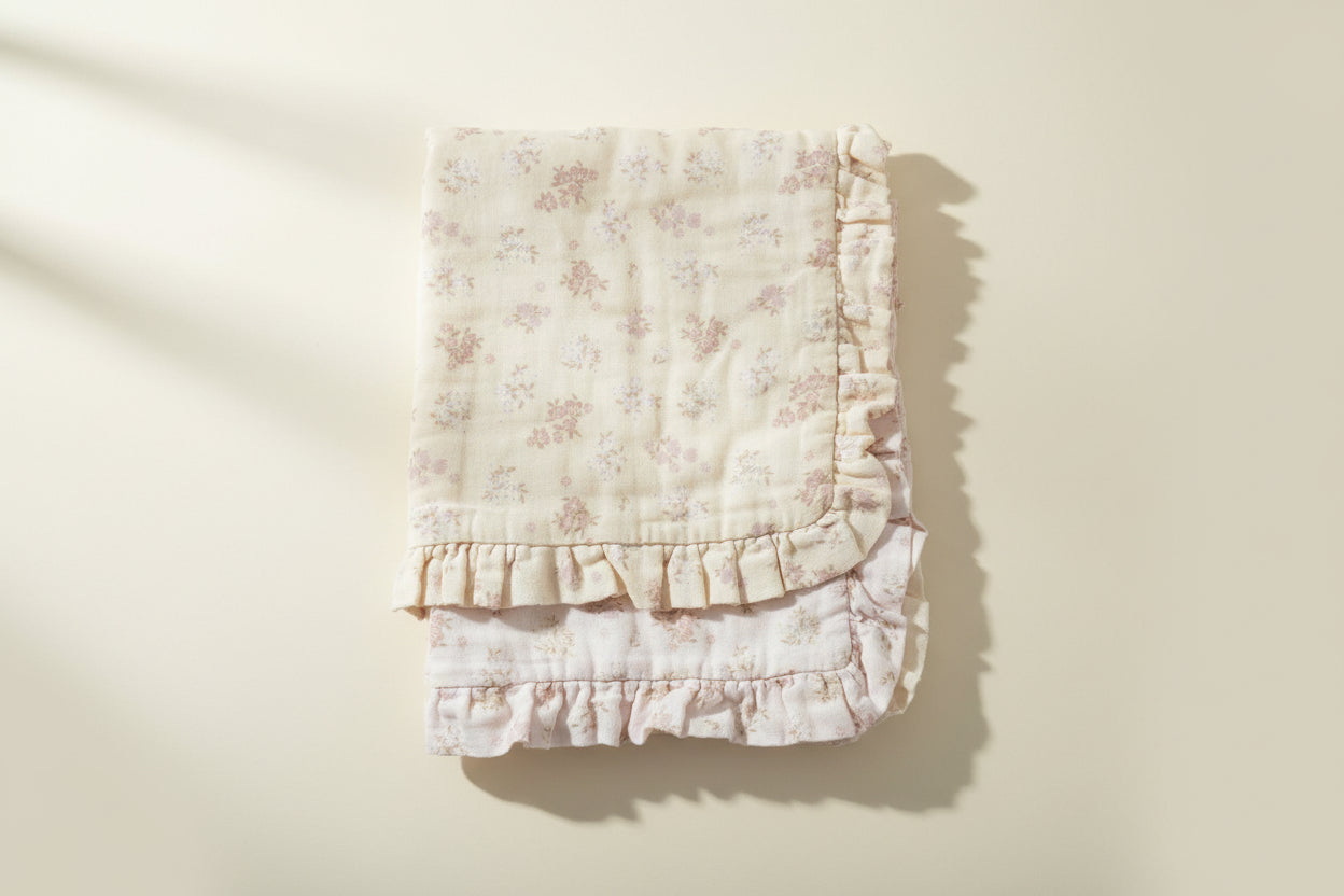 Set of two floral-patterned burp cloth with ruffled edges