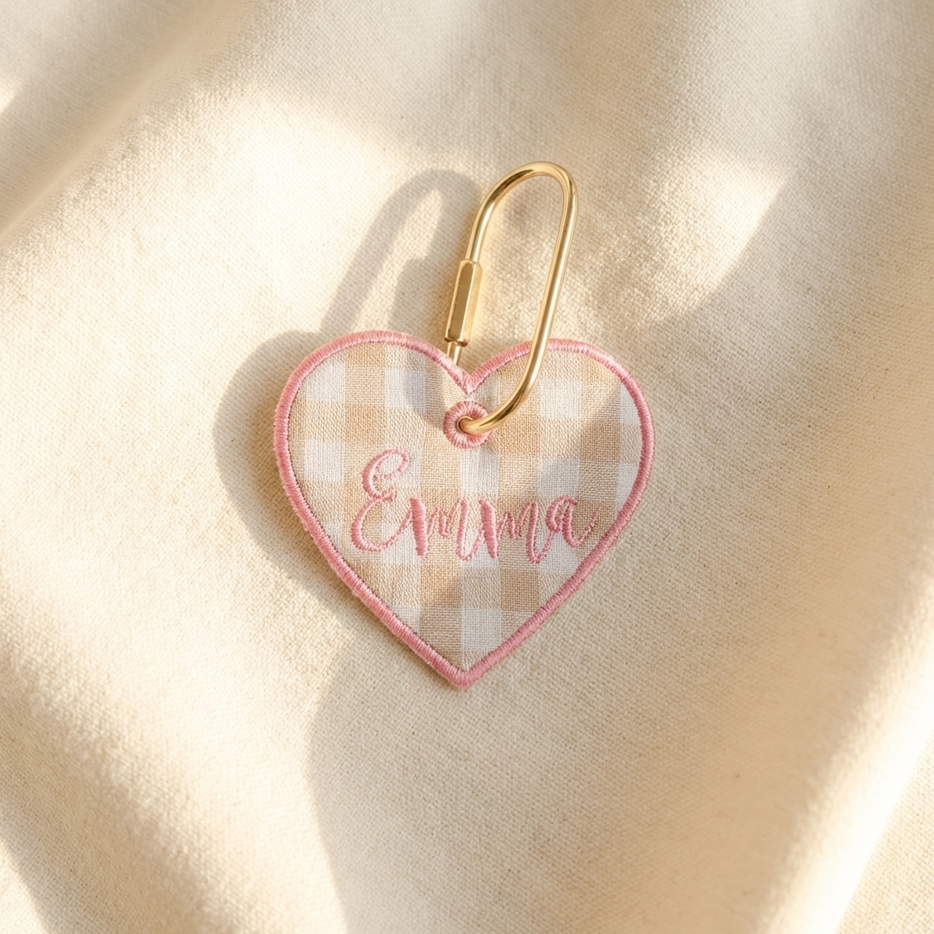Heart-shaped keychain with 'Emma' embroidery on a beige background