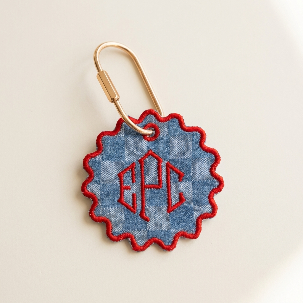 Fabric keychain with blue checkered design and red monogram on a beige background