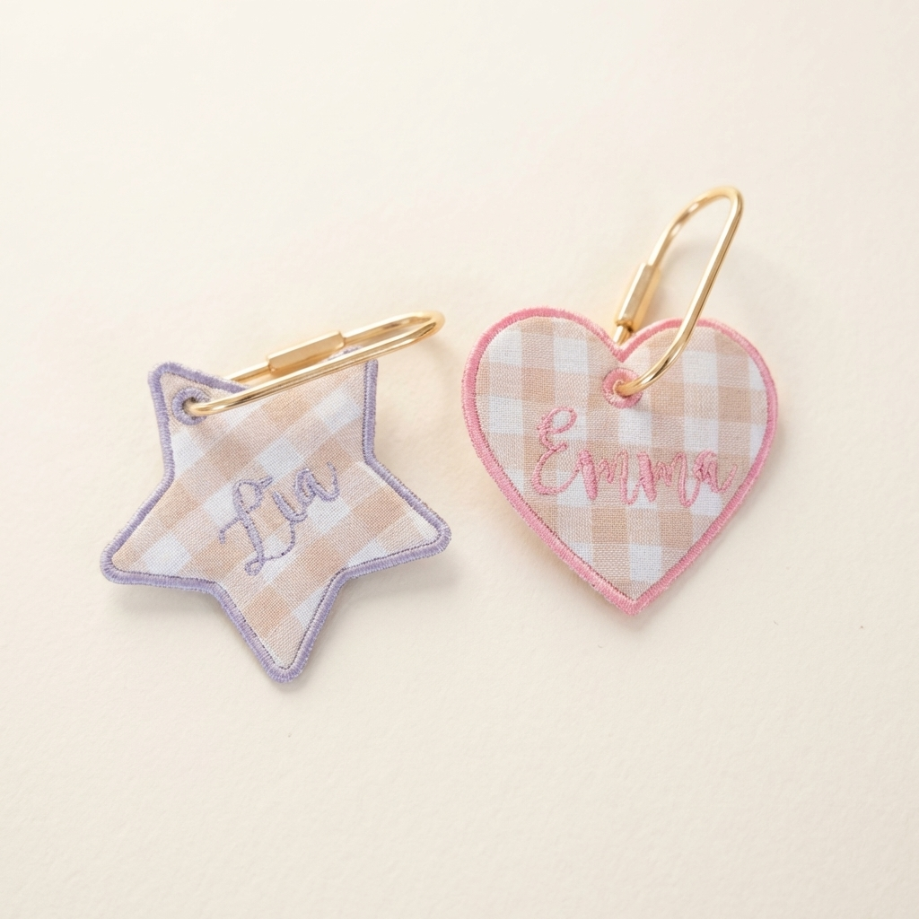 Star and heart keychains with embroidered names on a light beige background