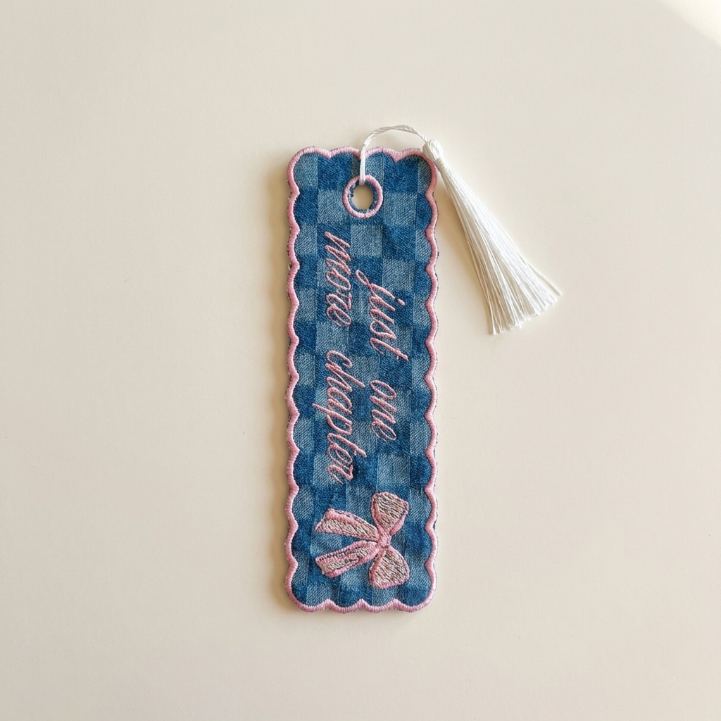 Decorative bookmark with blue checkered pattern, pink border, and tassel on a light background