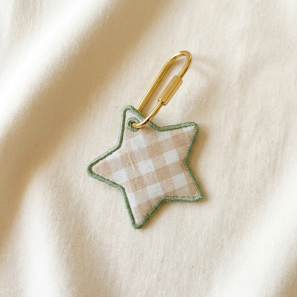 Star-shaped keychain with a checkered pattern on a beige fabric background