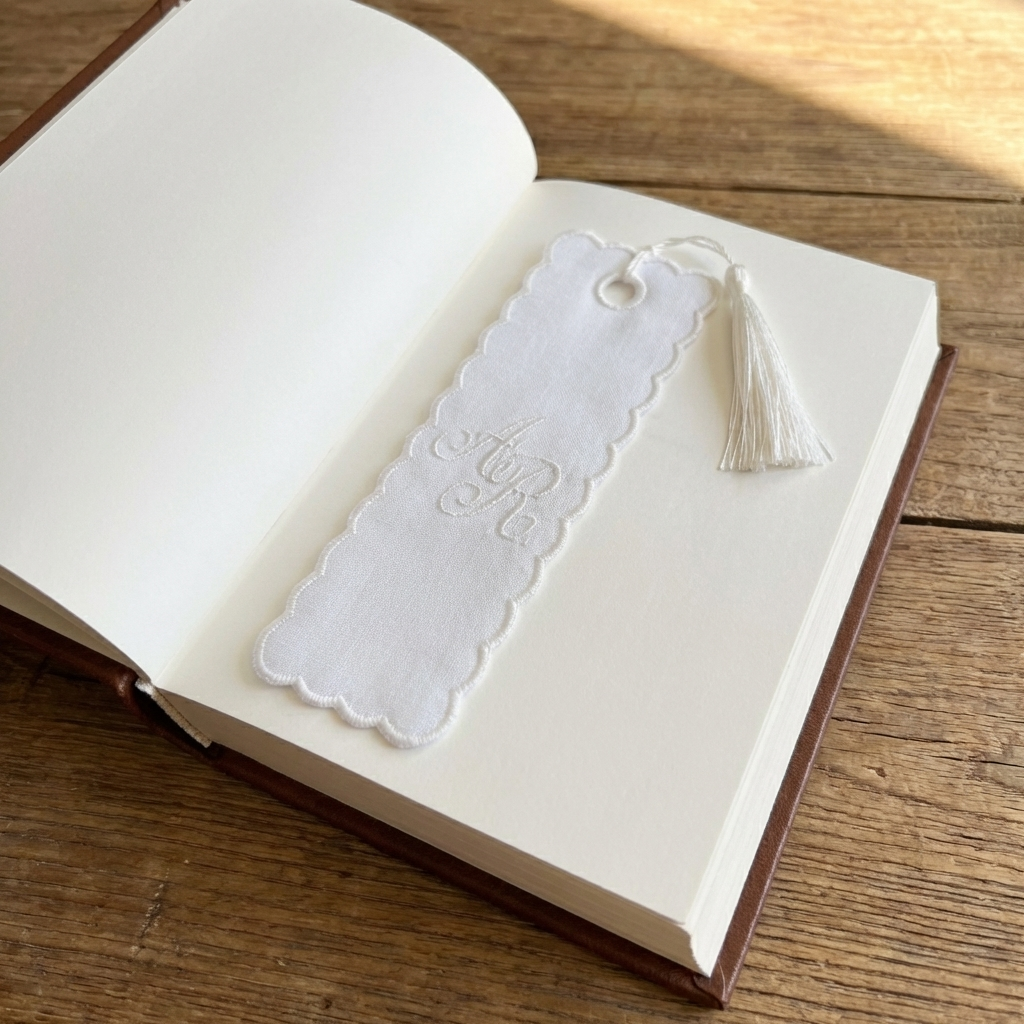White scalloped bookmark with tassel on an open book on a wooden surface
