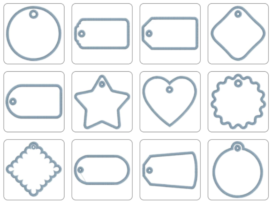 Set of various label shapes including circles, stars, hearts, and more on a white background.