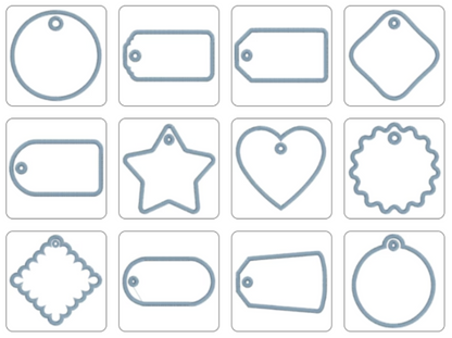 Set of various label shapes including circles, stars, hearts, and more on a white background.