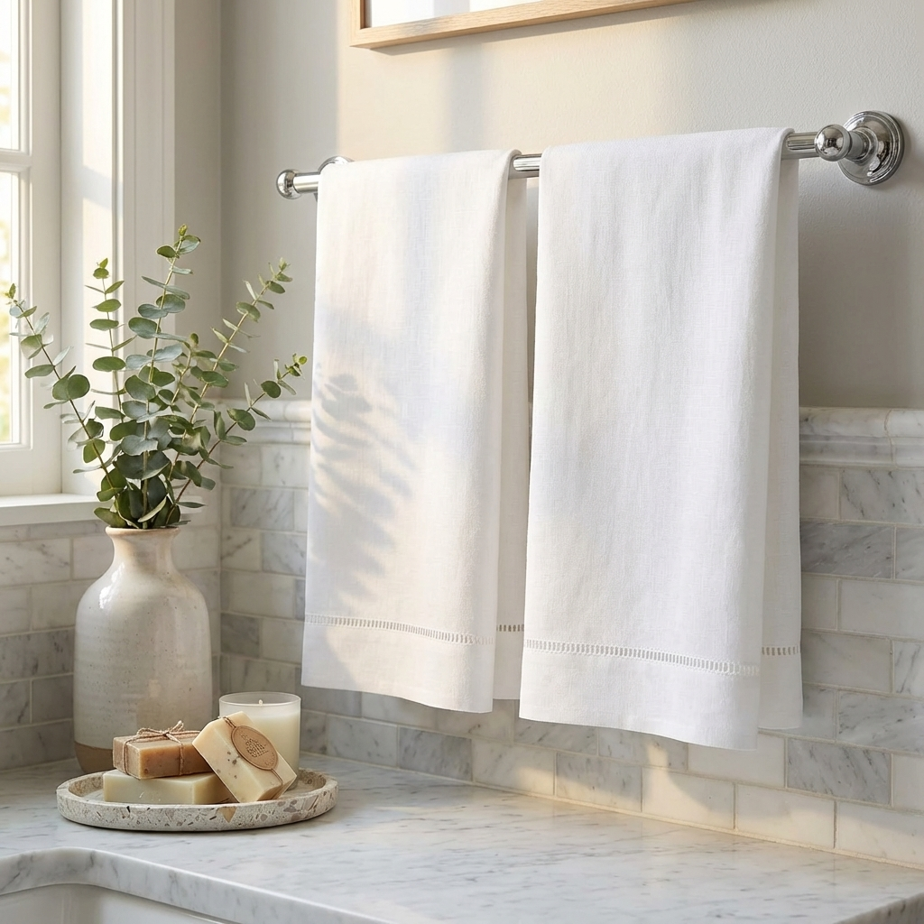 Bathroom scene with white towels hanging on a rack, a vase with greenery, and soap on a marble surface.