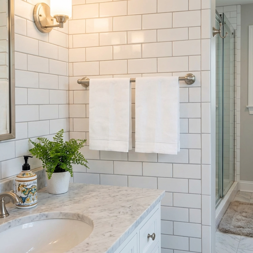 Bathroom with white tiled walls, a sink, and towels hanging on a rack.